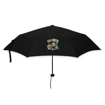 Niedliches Halloween Skelett mit Kürbis und Kessel - Regenschirm (klein) - Schwarz - Vorne