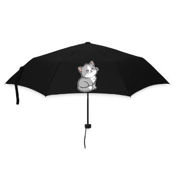 Grau-weißes Happy Kitten Kawaii-Porträt - Regenschirm (klein) - Schwarz - Vorne