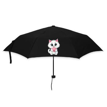 Cute White Cat Holding A Heart 1 - Regenschirm (klein) - Schwarz - Vorne