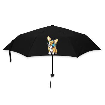 Corgi mit Kopfhörern - Regenschirm (klein) - Schwarz - Vorne