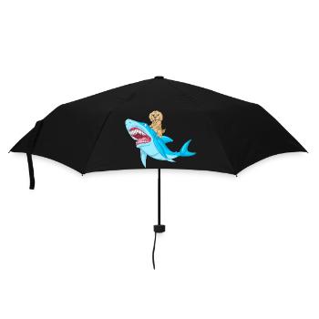 Verspielte Golden Doodle Welpe reitet Hai Design - Regenschirm (klein) - Schwarz - Vorne
