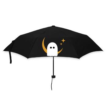Moon Ghost Badge – Minimal Line‑Art T‑Shirt | Weiß - Regenschirm (klein) - Schwarz - Vorne