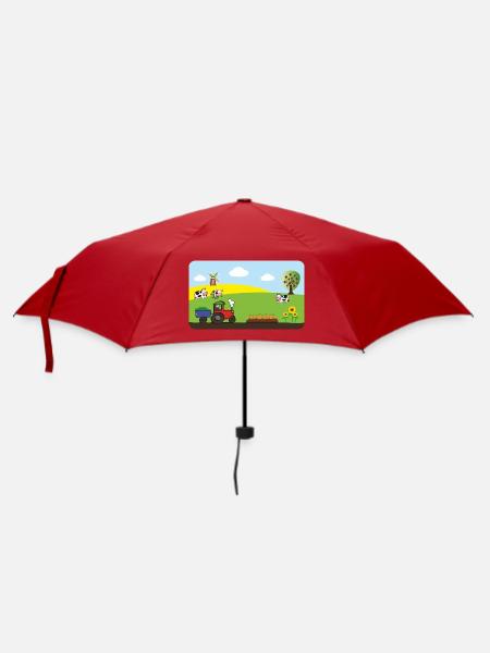 Traktor vom Bauernhof - Kühe Felder Windmühle - Regenschirm (klein) - Rot