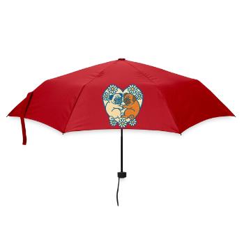 Verspieltes Mops-Paar-Herz-Design - Regenschirm (klein) - Rot - Vorne