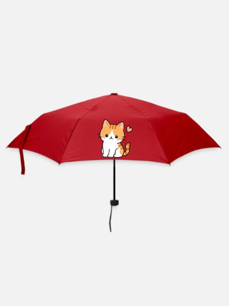 Süßes Kawaii-Kätzchen mit rosa Herz - Regenschirm (klein) - Rot