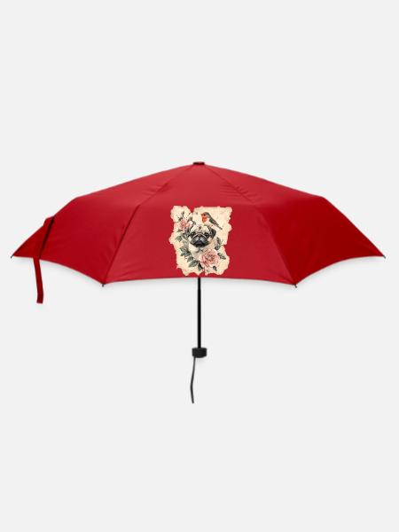 Mops und Vogel - Regenschirm (klein) - Rot
