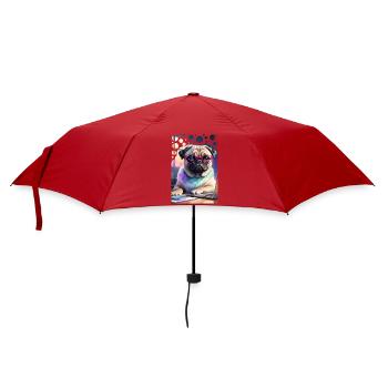 Bürohund Mops mit Laptop und pinker Brille Pop Art - Regenschirm (klein) - Rot - Vorne