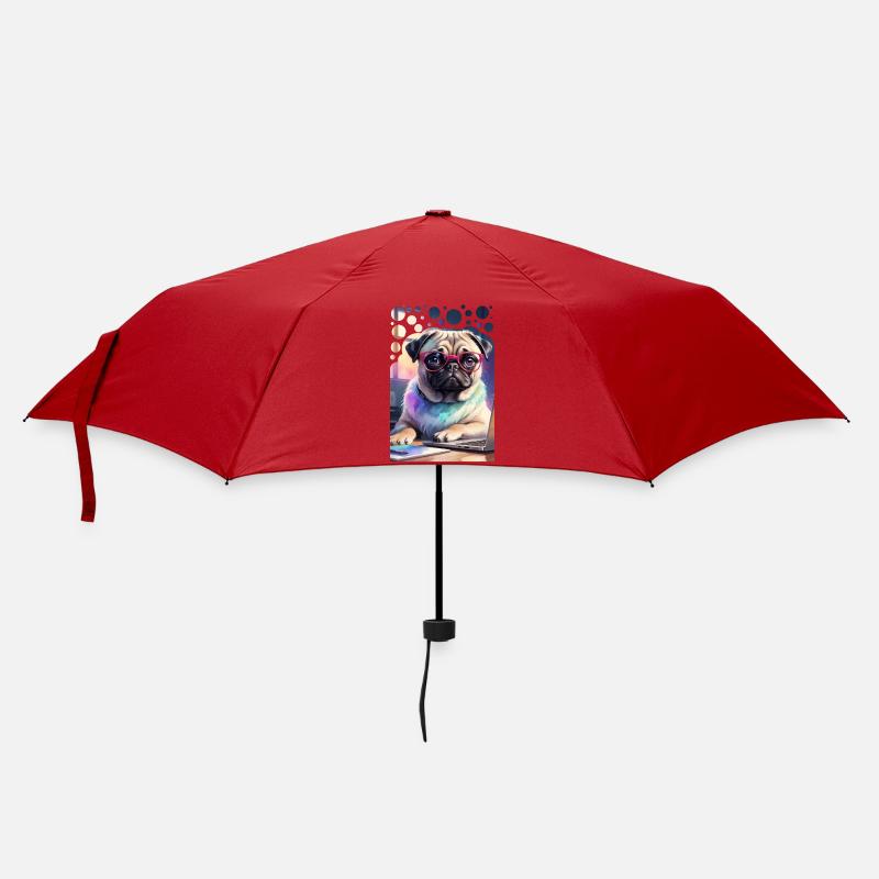 Bürohund Mops mit Laptop und pinker Brille Pop Art - Regenschirm (klein) - Rot