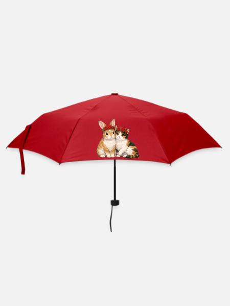 Kaninchen und Katze - Regenschirm (klein) - Rot