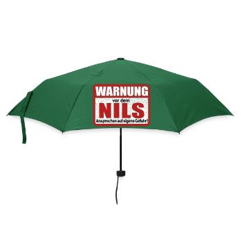 Nils Name Lustiges Warnschild - Regenschirm (klein) - Flaschengrün - Vorne