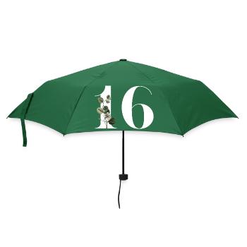 Nummer 16 Blumengrün -16. Blumengeburtstag - Regenschirm (klein) - Flaschengrün - Vorne