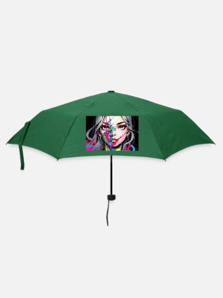 Digitales Porträt einer Anime Frau mit Farben - Regenschirm (klein) - Flaschengrün