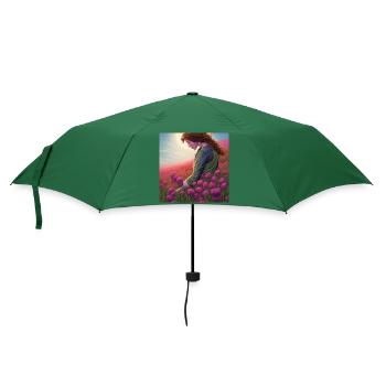 Eine Frau zwischen rosa Blumen - Regenschirm (klein) - Flaschengrün - Vorne