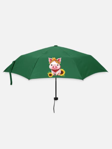 Schwein mit Bandana und Sonnenblume, Charmantes - Regenschirm (klein) - Flaschengrün