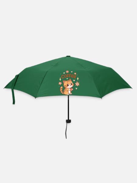 Niedliche Kaffeekatze und Blumen - Regenschirm (klein) - Flaschengrün