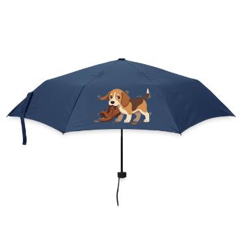 Beagle-Spielmotiv: Hund knabbert Schuh - Regenschirm (klein) - Navy - Vorne