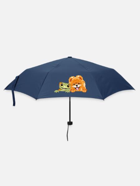 Peeking_Pomeranian_dog_and_funny_smiling_gecko - Regenschirm (klein) - Navy