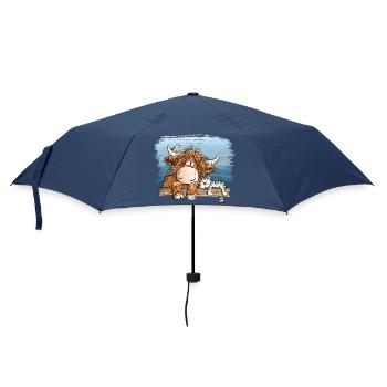 Highland Kuh Mit Katze Bauernhof Tierhumor Cartoon - Regenschirm (klein) - Navy - Vorne