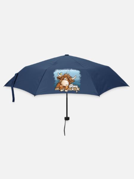 Highland Kuh Mit Katze Bauernhof Tierhumor Cartoon - Regenschirm (klein) - Navy