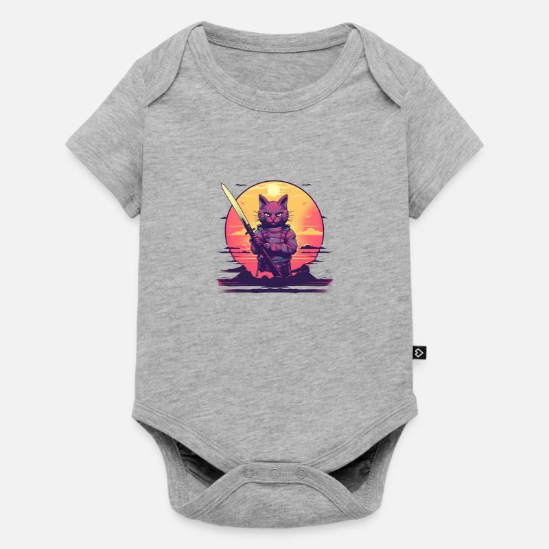 Synthwave samurai Cat sunset - Baby Premium Kurzarmbody - Grau meliert