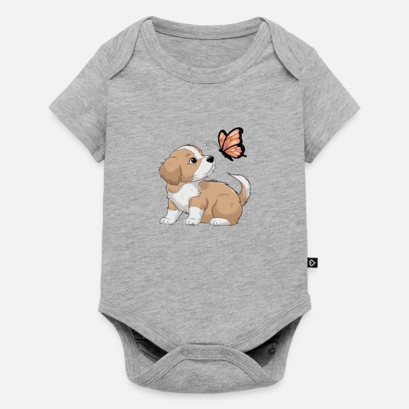 Chien mignon jouer avec papillon - Body à manches courtes Premium Bébé - gris chiné