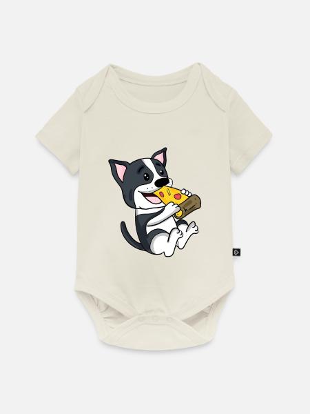 Boston Terrier Hund Pizza - Baby Premium Kurzarmbody - Naturweiß