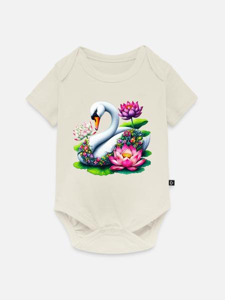 Schwan verziert mit Lotusblüten - Baby Premium Kurzarmbody - Naturweiß