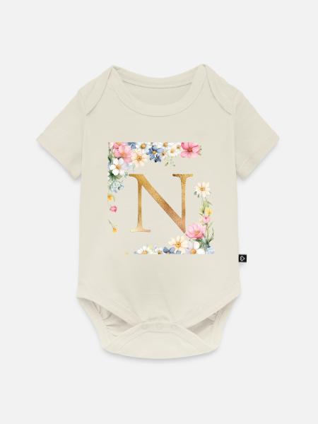 N Monogramm, Floral, personalisierbar - Baby Premium Kurzarmbody - Naturweiß