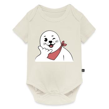 Zwinkerndes Robbenzeichen mit einem Bandana und werfendem Shaka-Zeichen - Baby Premium Kurzarmbody - Naturweiß - Vorne