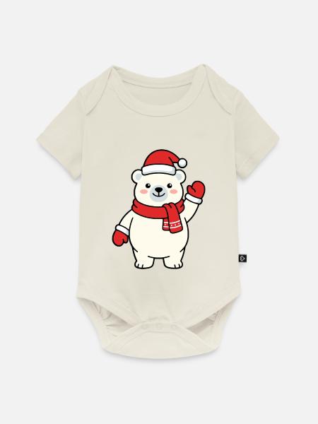 Niedlicher Kawaii-Eisbär winkt mit Weihnachtsmütze - Baby Premium Kurzarmbody - Naturweiß