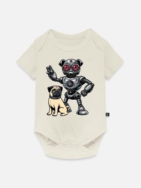 Mops Roboter und Herrchen Freunde - Baby Premium Kurzarmbody - Naturweiß