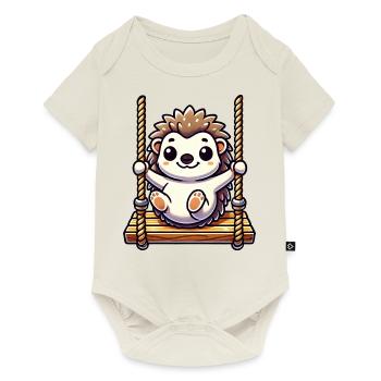 Cute hedgehog swings cartoon playground fun - Baby Premium short-sleeve bodysuit - off white - Front