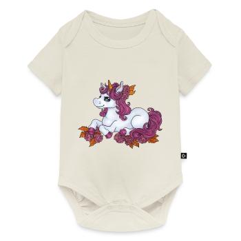 Niedliches Einhorn Kawaii mit Blumen Rosen rosa - Baby Premium Kurzarmbody - Naturweiß - Vorne