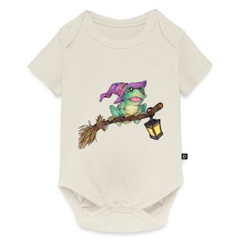 Niedlicher Frosch auf Hexenbesen Magie Halloween - Baby Premium Kurzarmbody - Naturweiß - Vorne
