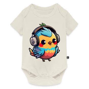 Kawaii Mignon Happy Colorful Bird avec des écouteurs - Body à manches courtes Premium Bébé - blanc cassé - Devant