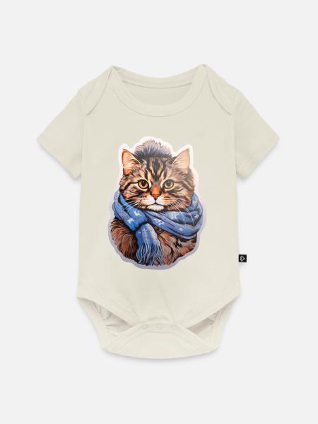 Winterkatze mit Schal - Baby Premium Kurzarmbody - Naturweiß