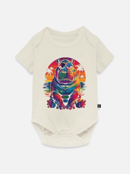 Nilpferd Hippopotamus Sonnenbrille Strand Popart - Baby Premium Kurzarmbody - Naturweiß