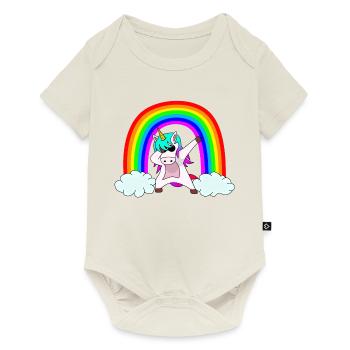Cooles buntes dabbendes Einhorn mit Sonnenbrille - Baby Premium Kurzarmbody - Naturweiß - Vorne