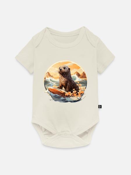 Seeotter auf Surfboard - Baby Premium Kurzarmbody - Naturweiß