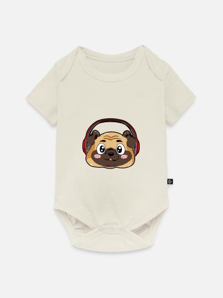 Mops mit Kopfhörer - Baby Premium Kurzarmbody - Naturweiß
