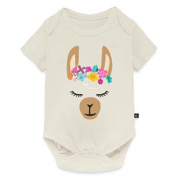 Visage d'alpaga lama doux avec des fleurs - Body à manches courtes Premium Bébé - blanc cassé - Devant