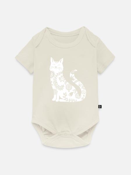 weisse Katze mit Blumenmuster - Baby Premium Kurzarmbody - Naturweiß