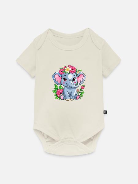 Blumenliebender Babyelefant - Baby Premium Kurzarmbody - Naturweiß