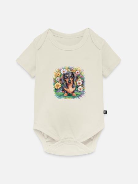 Dackel mit blumen - Baby Premium Kurzarmbody - Naturweiß