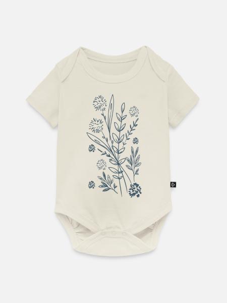Blaues Blumendesign - Baby Premium Kurzarmbody - Naturweiß