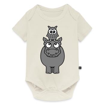 Hibou assis sur hippopotame drôle 2 amis chevauchant - Body à manches courtes Premium Bébé - blanc cassé - Devant