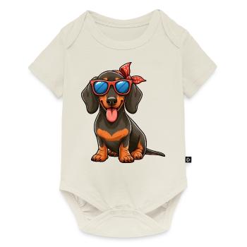 Cooler Dackel mit Sonnenbrille und Haarschleife - Baby Premium Kurzarmbody - Naturweiß - Vorne