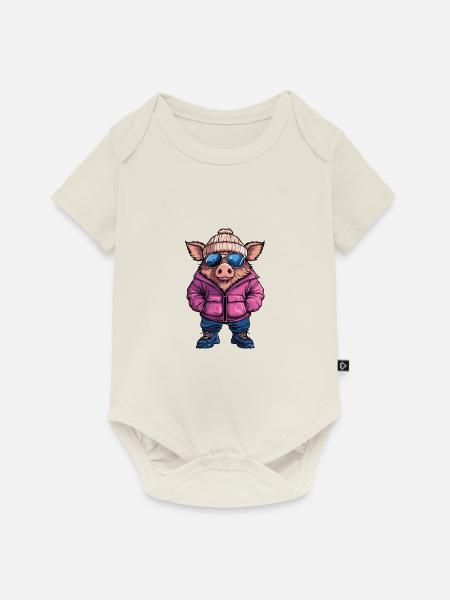 Schwein Winter Comic Wildschwein - Baby Premium Kurzarmbody - Naturweiß