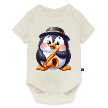 Mignon pingouin saxophone musicien dessin animé - Body à manches courtes Premium Bébé - blanc cassé - Devant