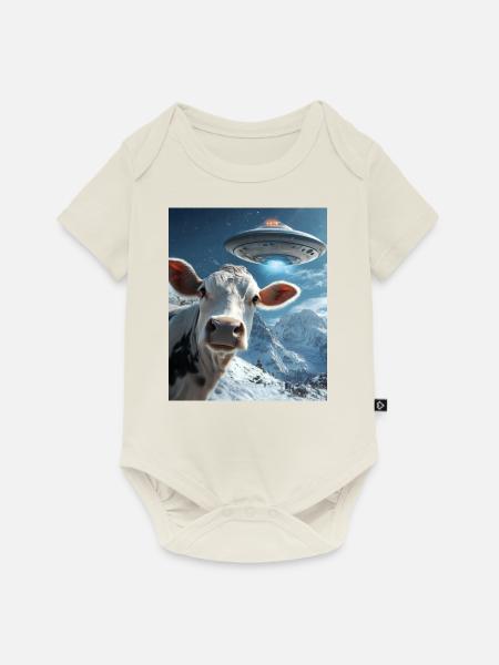 Kuh Selfie mit Ufo - Baby Premium Kurzarmbody - Naturweiß